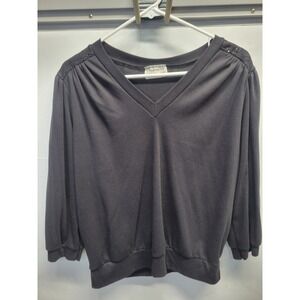 Vtg Stepping Up Black V Neck 3/4 Sleeve Sweatshirt Embellished Shoulders Size 40
